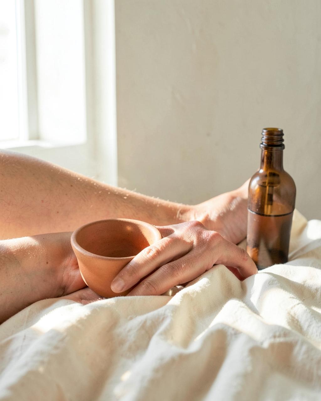 Warm skin, ivory linen, and terracotta details in a sunlit wellness setting